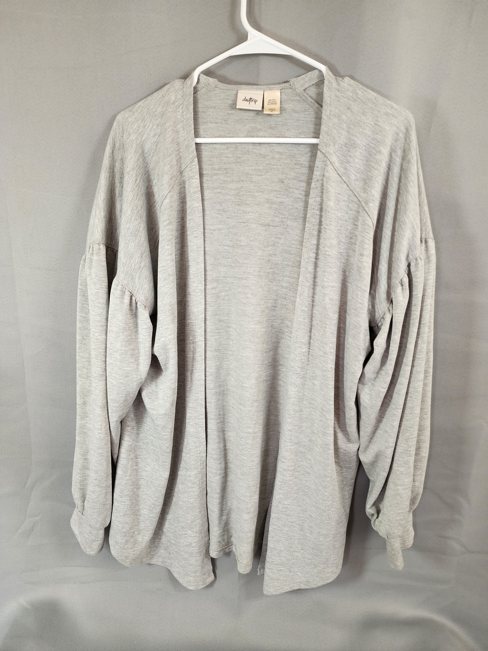 Daytrip Light Gray Open-Front Cardigan with Balloon Sleeves